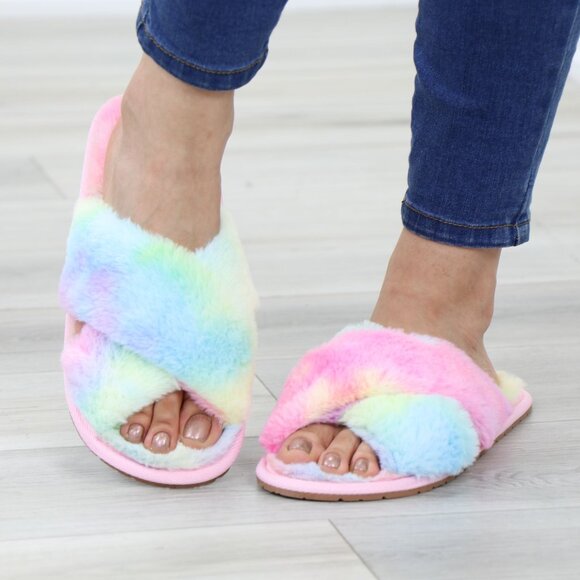 Cross Strap Tie Dye Multi Color Puff Fuzzy Furry Fluffy Slip On Plush Slippers - Picture 1 of 15